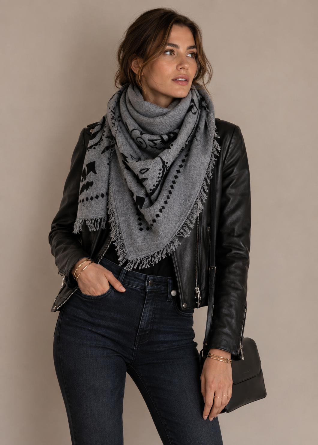 Kaschmir-Viereckstuch „Bandana-/Paisley“ Melange Grau | Schwarz