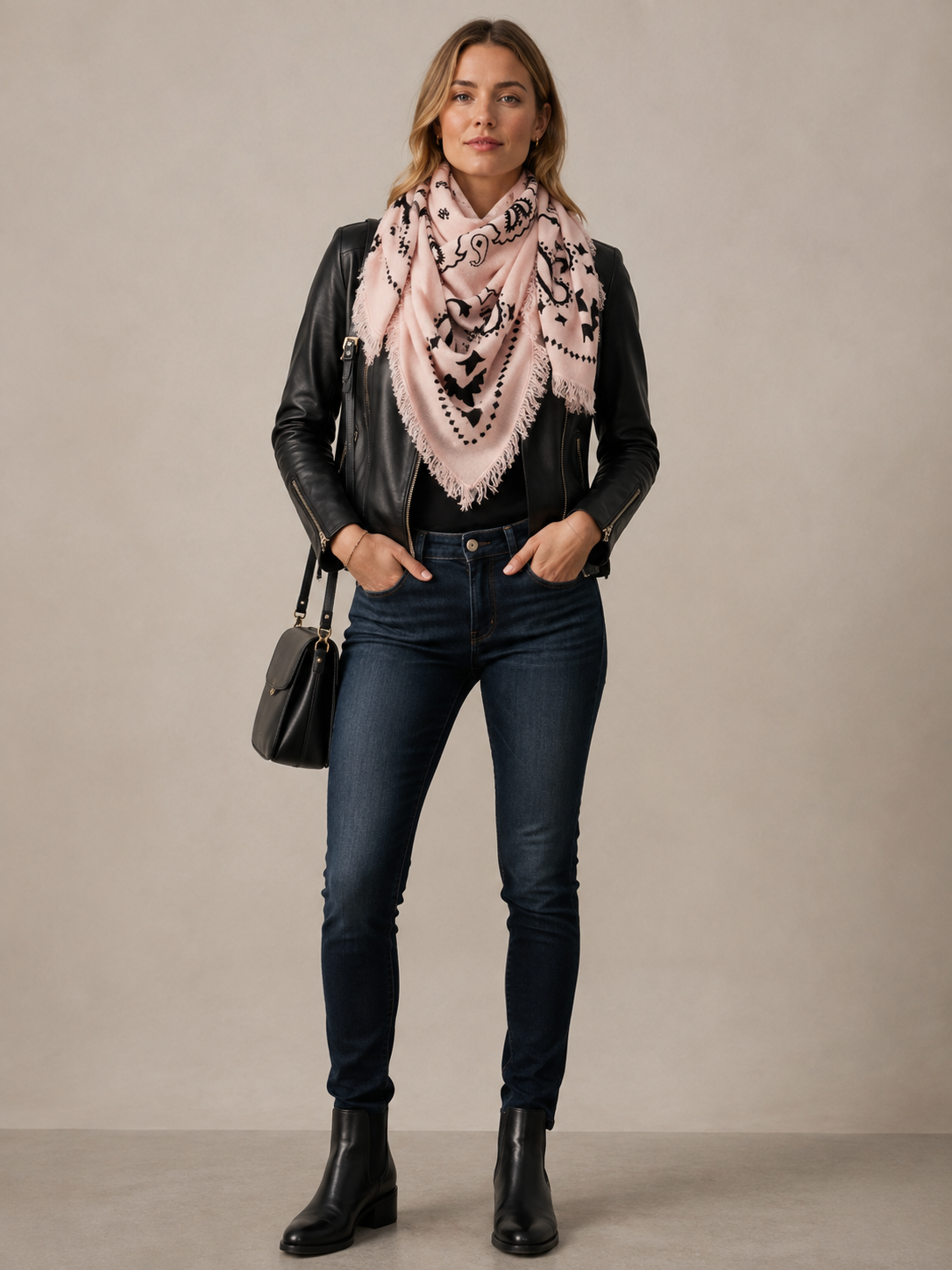 Kaschmir-Viereckstuch „Bandana-/Paisley“ Zartrosa | Schwarz