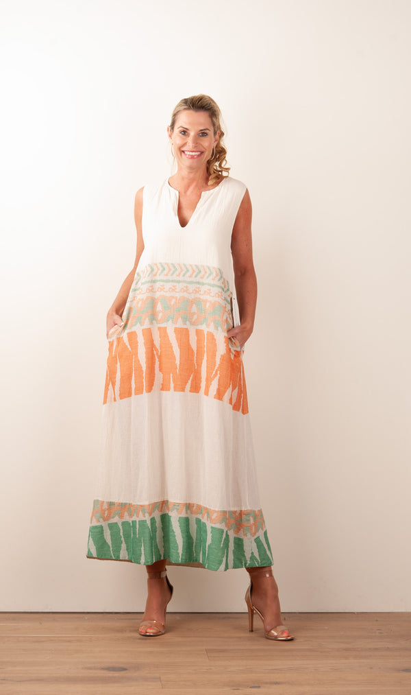 Kleid Creme | Orange | Grün