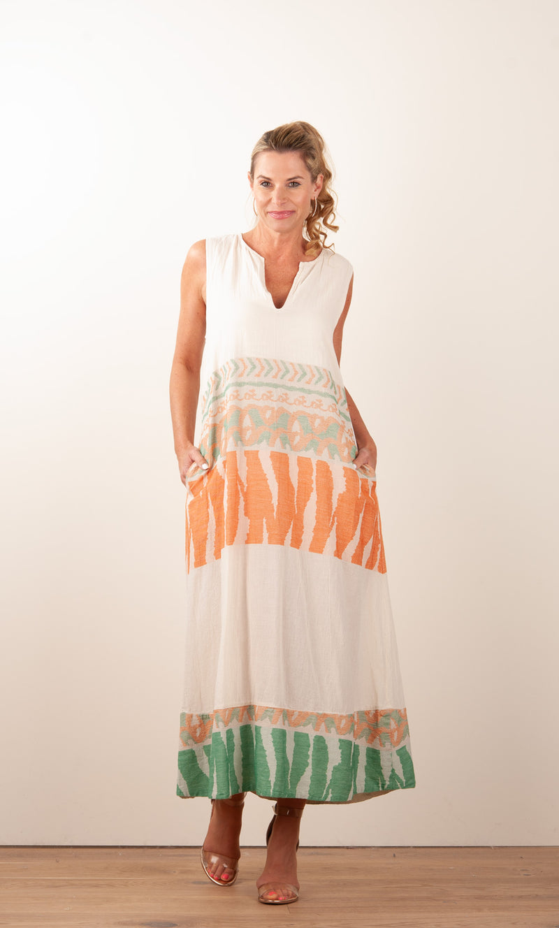 Kleid Creme | Orange | Grün