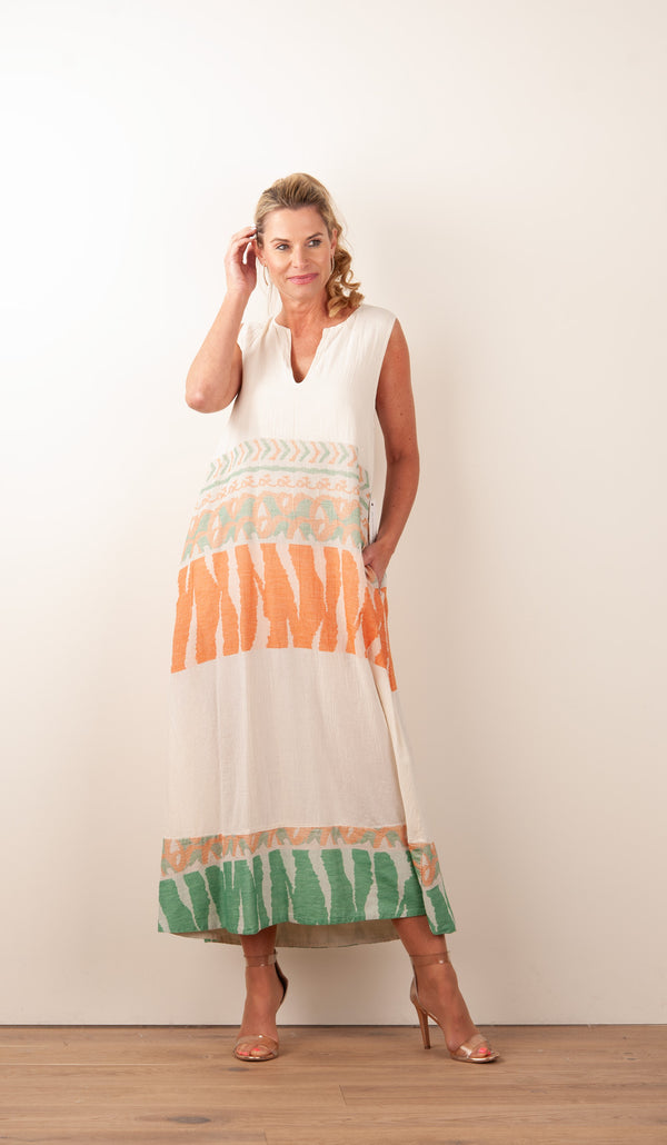 Kleid Creme | Orange | Grün