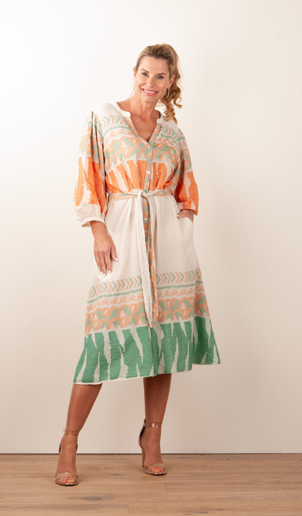 Kleid Creme | Orange | Grün