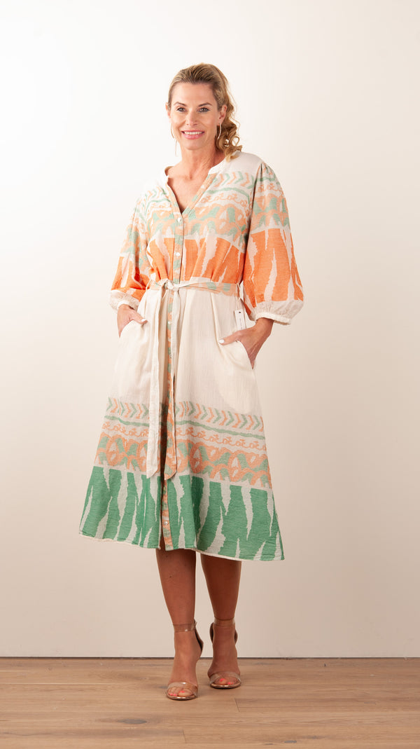 Kleid Creme | Orange | Grün