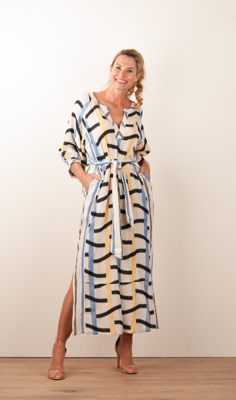 Kleid Creme | Schwarz | Gelb | Blau