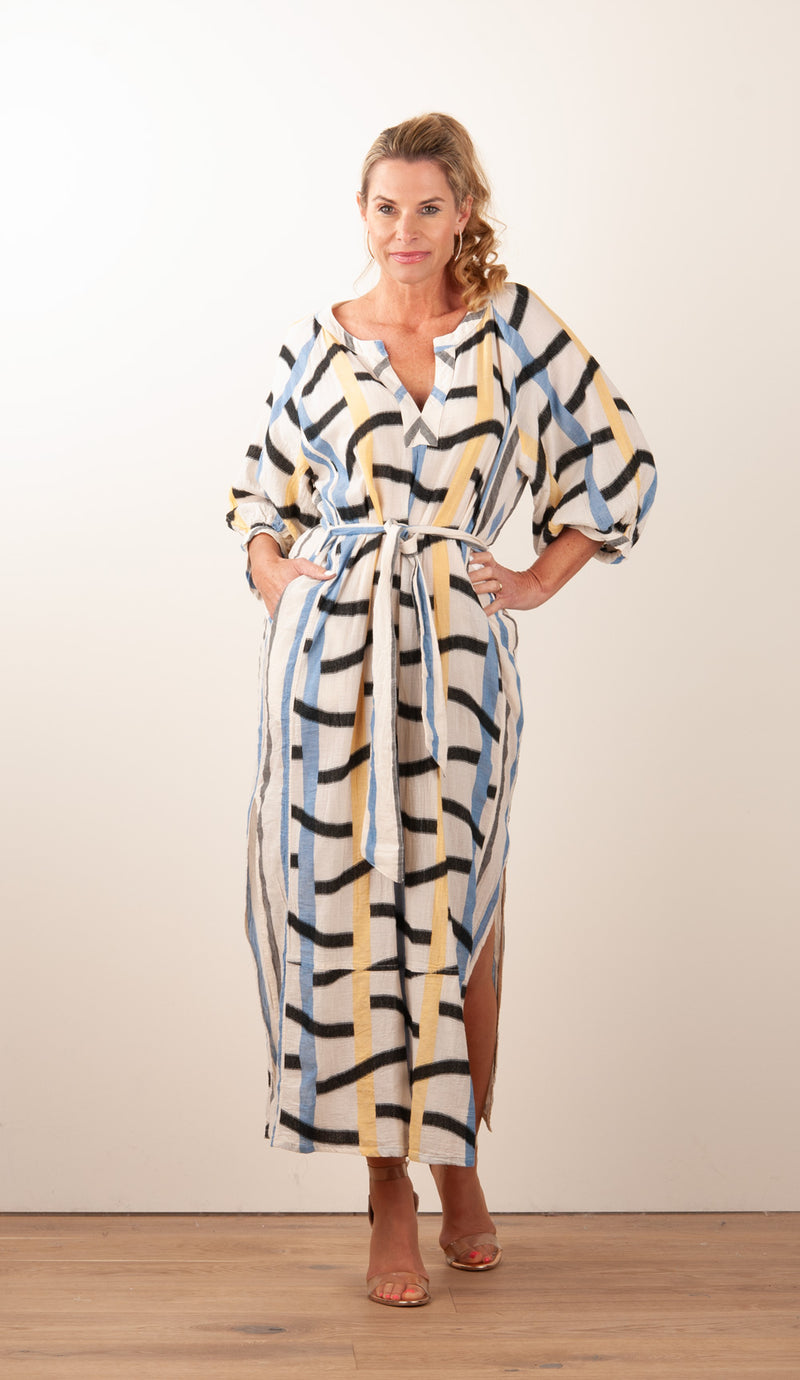Kleid Creme | Schwarz | Gelb | Blau