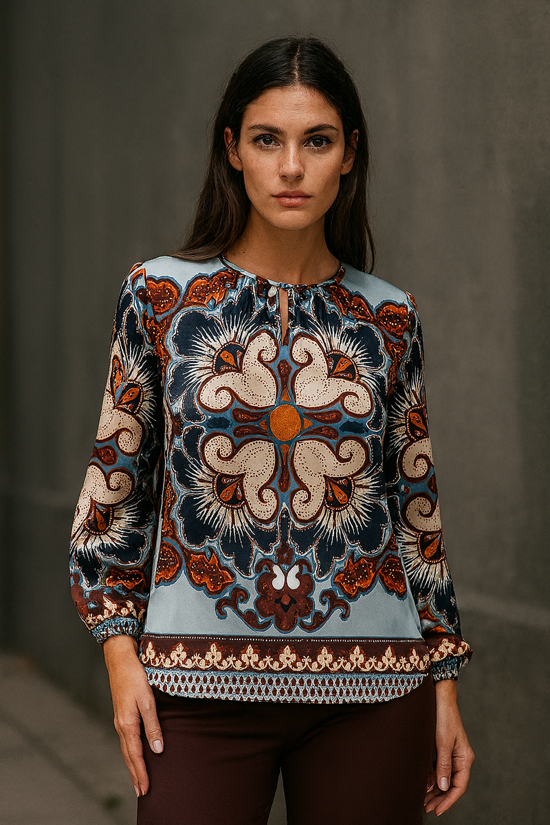 Seiden Bluse Blau | Braun | Multicolor