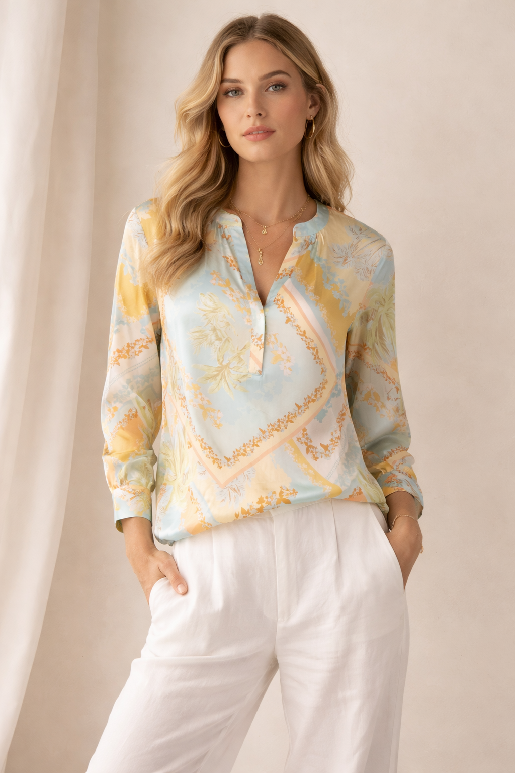 Seidenbluse Hellblau | Gelb | Multicolor