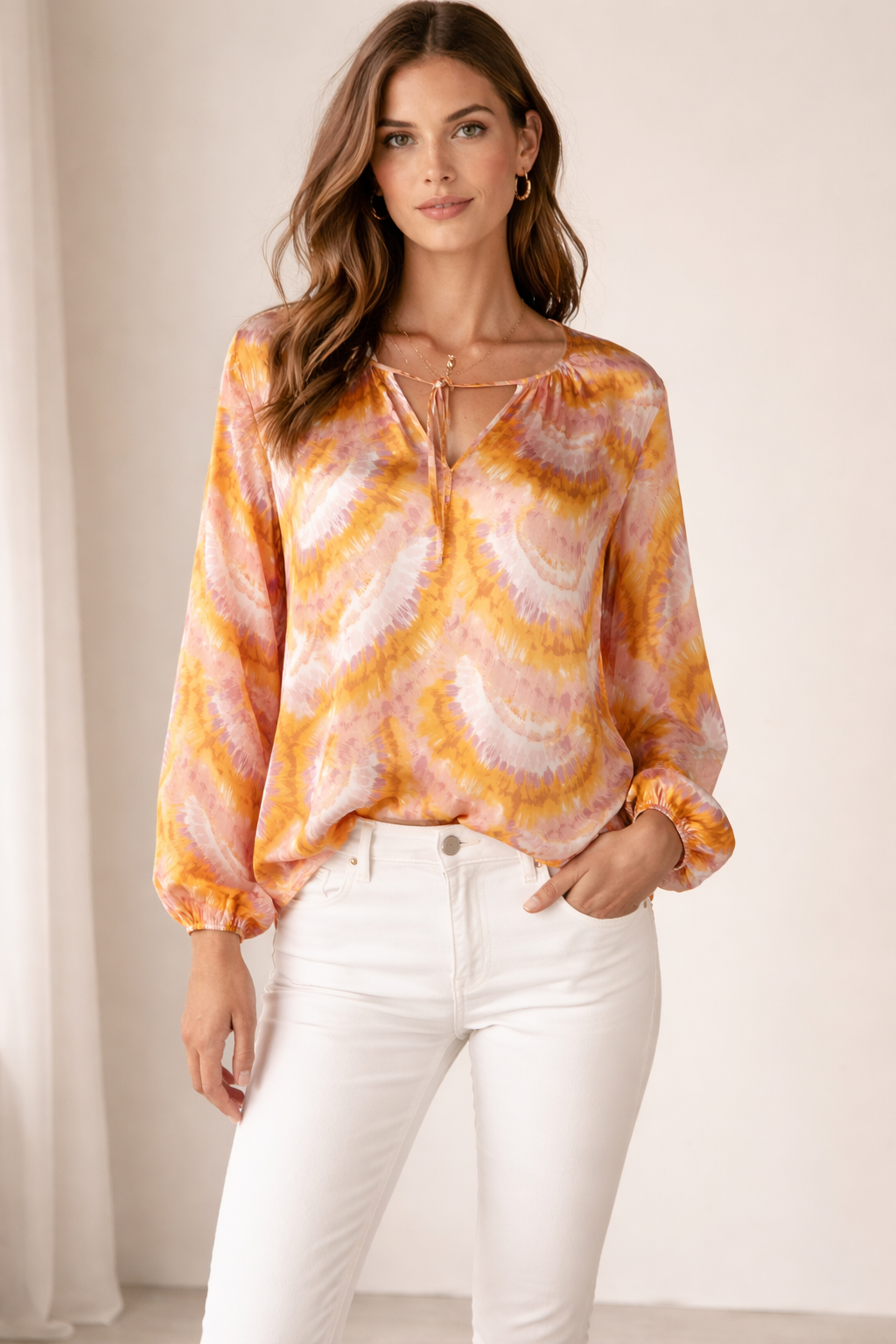 Seidenbluse Gelb | Rosa | Weiß