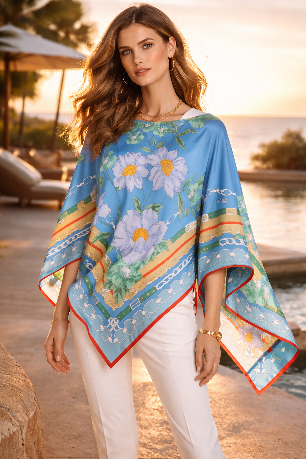 Seiden-Tunika „Blumen“ Blau | Multicolor