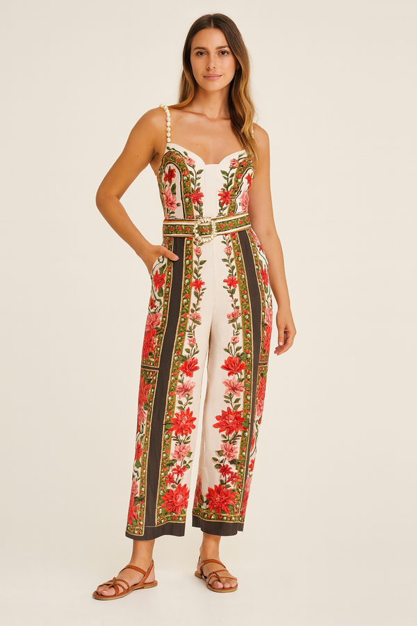 Jump Suit „Blumen“ Creme | Grün | Multicolor