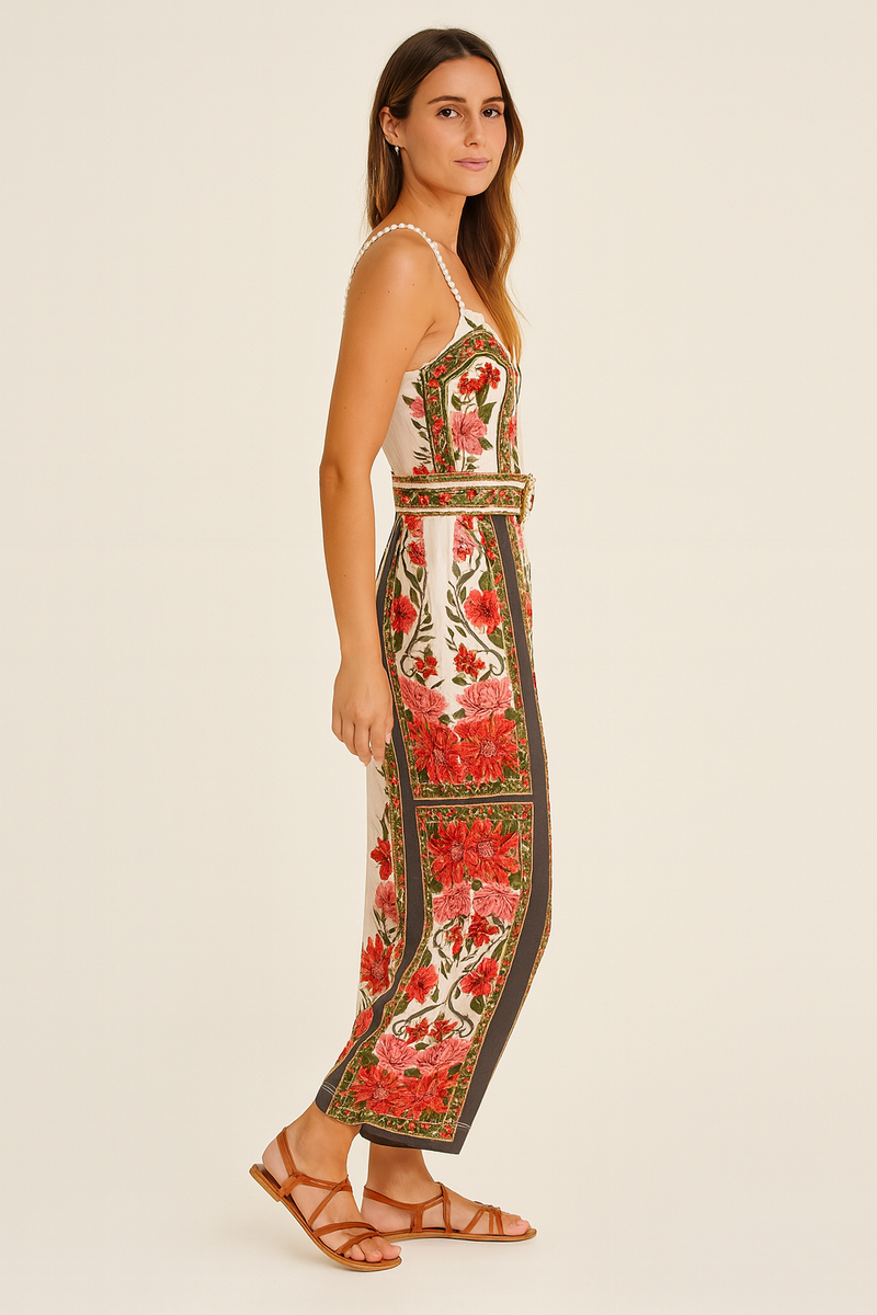 Jump Suit „Blumen“ Creme | Grün | Multicolor