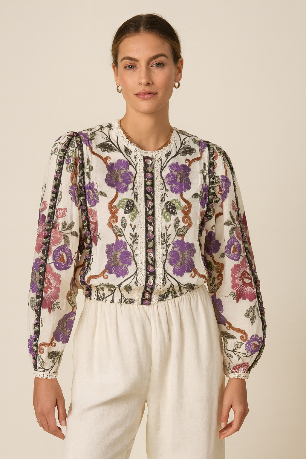 Shirt „Blumen“ Creme | Lila | Multicolor