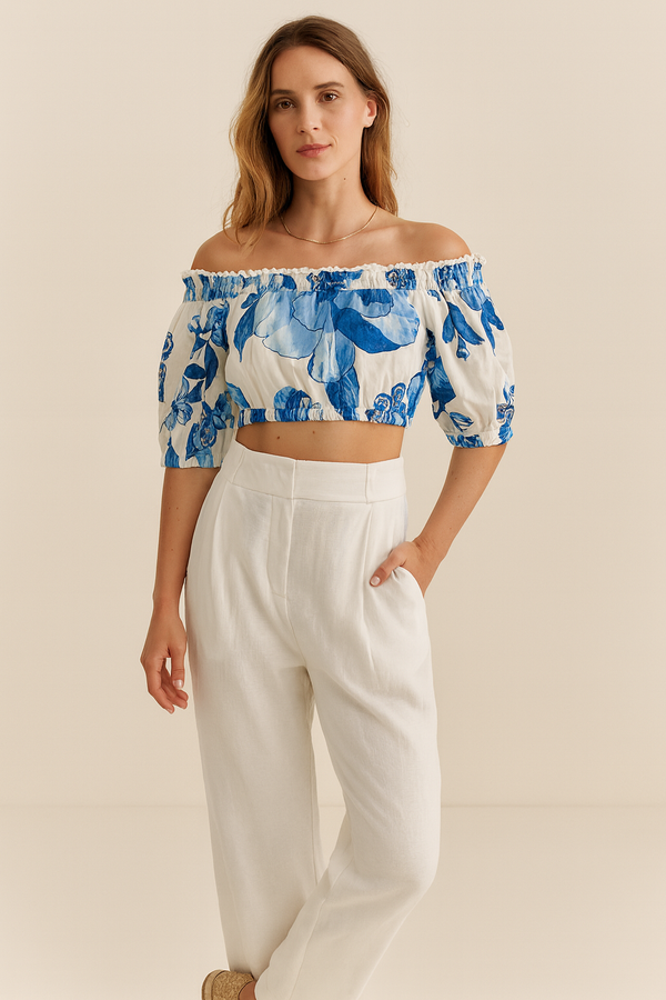 Carmenshirt Blau | Weiß