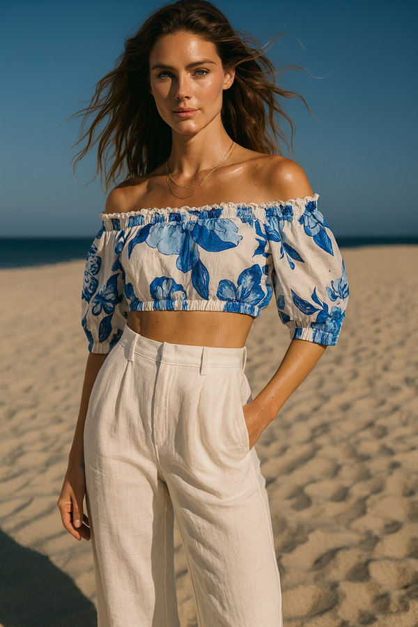 Carmenshirt Blau | Weiß