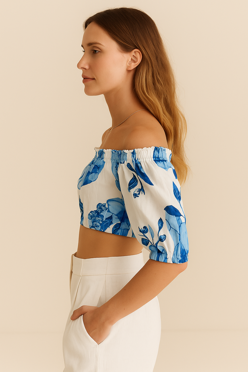 Carmenshirt Blau | Weiß