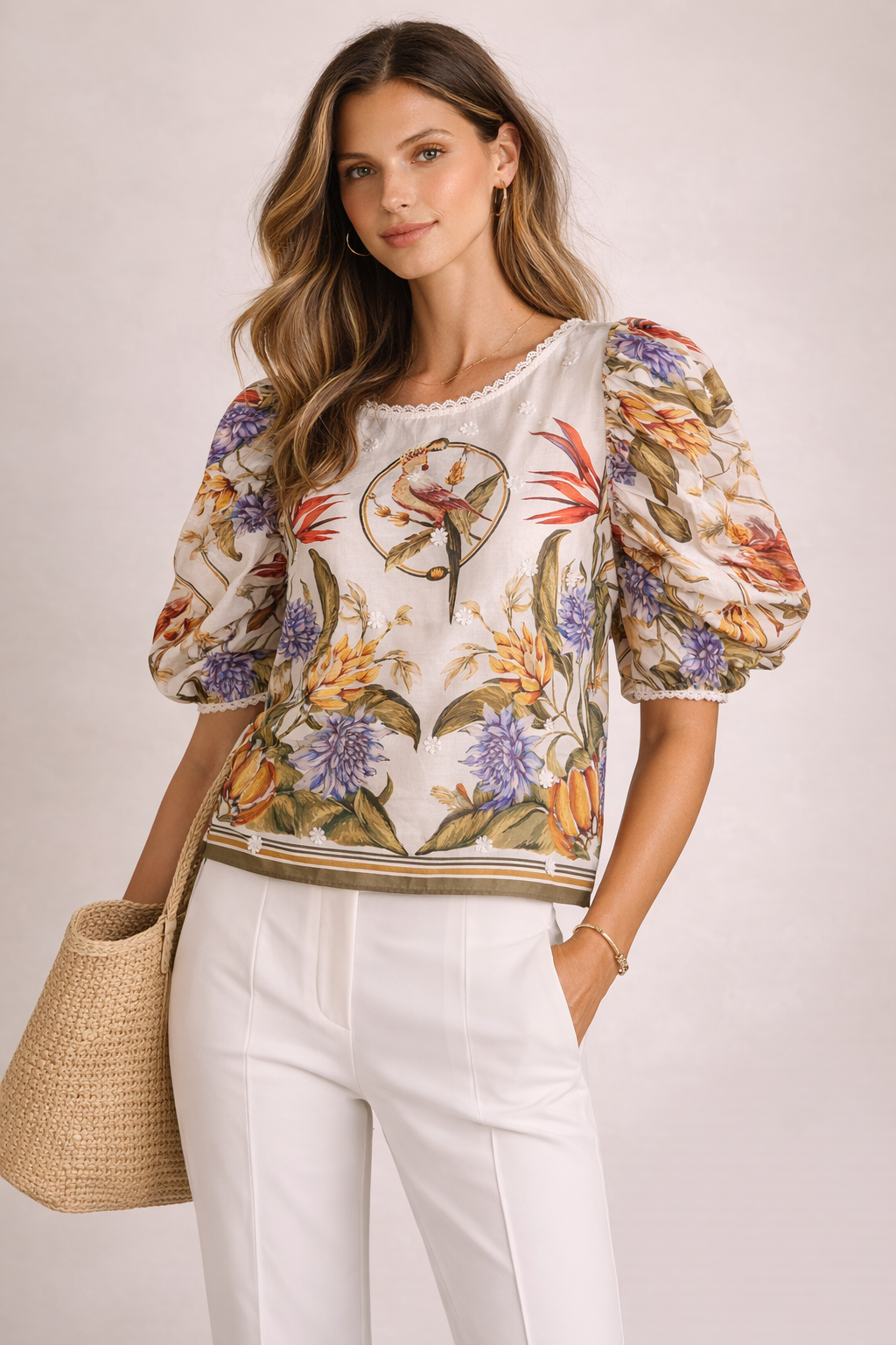 Shirt „Tropisch“ Creme | Grün | Multicolor