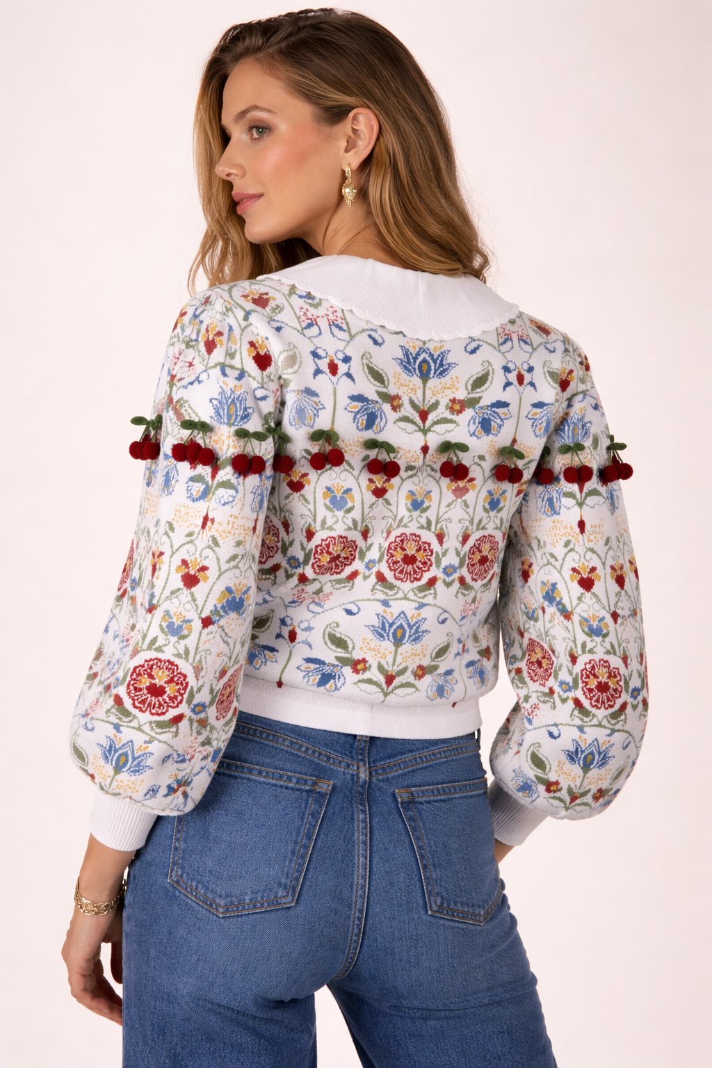 Strickjacke „Kirschen“ Weiß | Multicolor