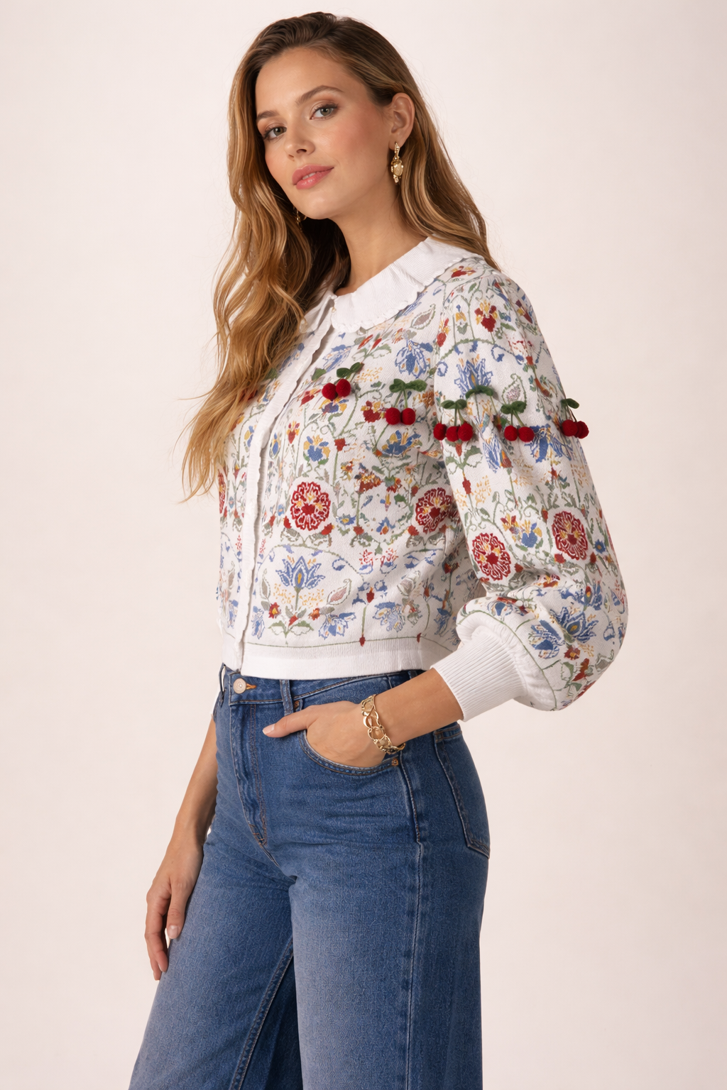 Strickjacke „Kirschen“ Weiß | Multicolor