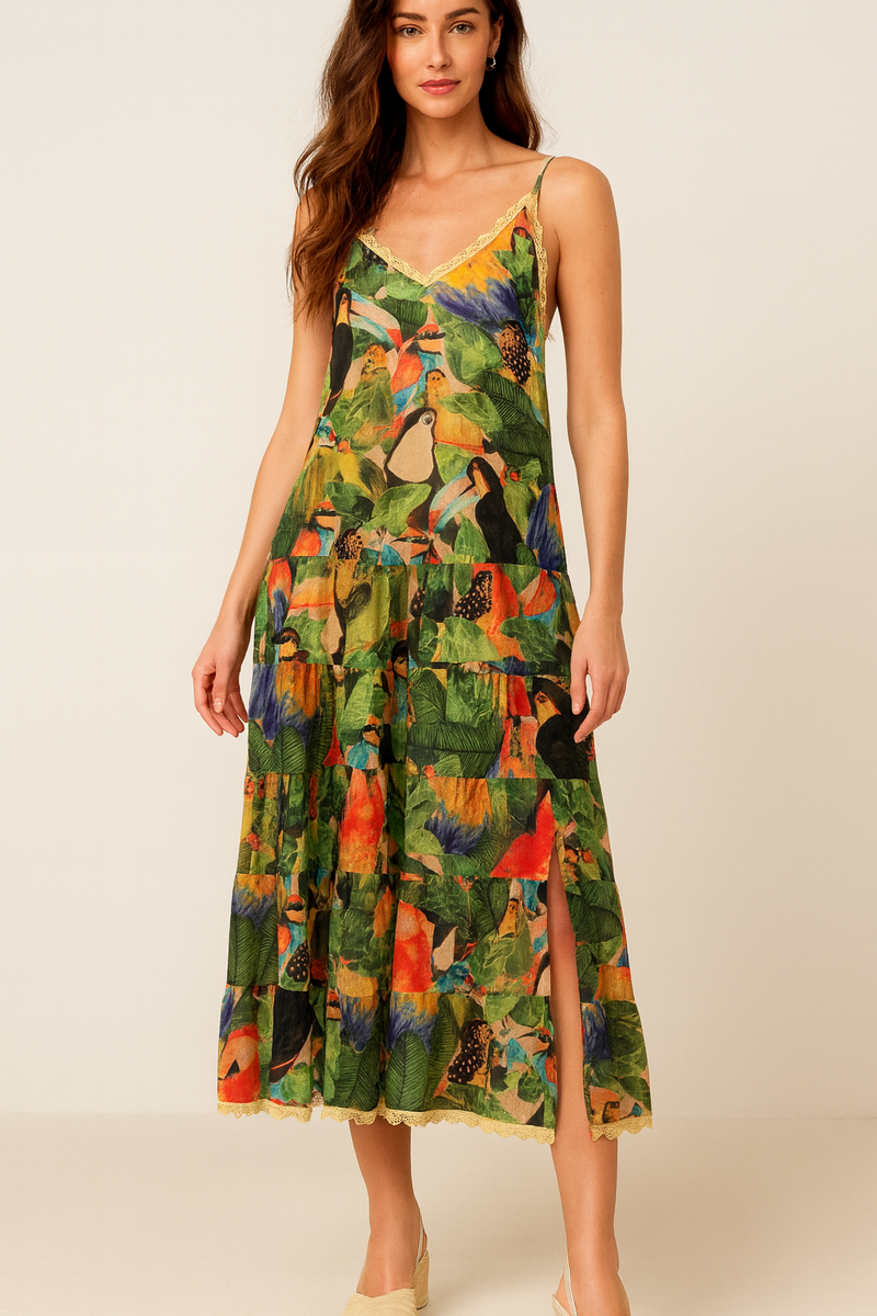 Kleid „Vögel“ Grün | Multicolor