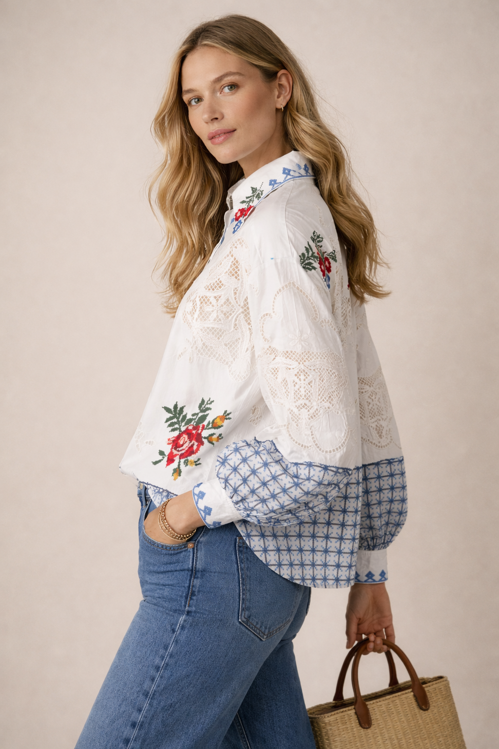 Statement-Bluse Weiß | Blau | Multicolor