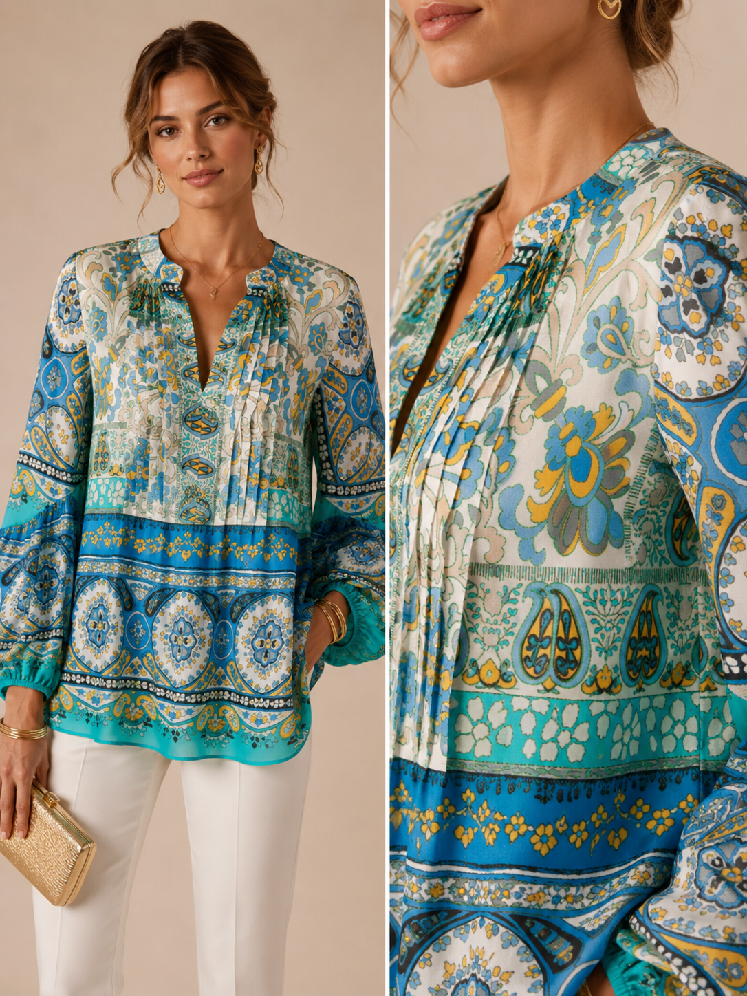 Paisley-Statement-Bluse Blau | Gelb | Weiß
