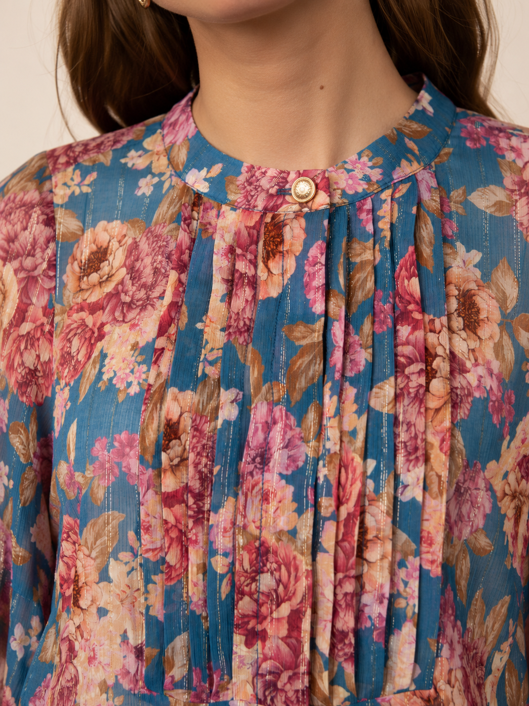 Statement-Bluse „Floral“ Blau | Multicolor | Gold