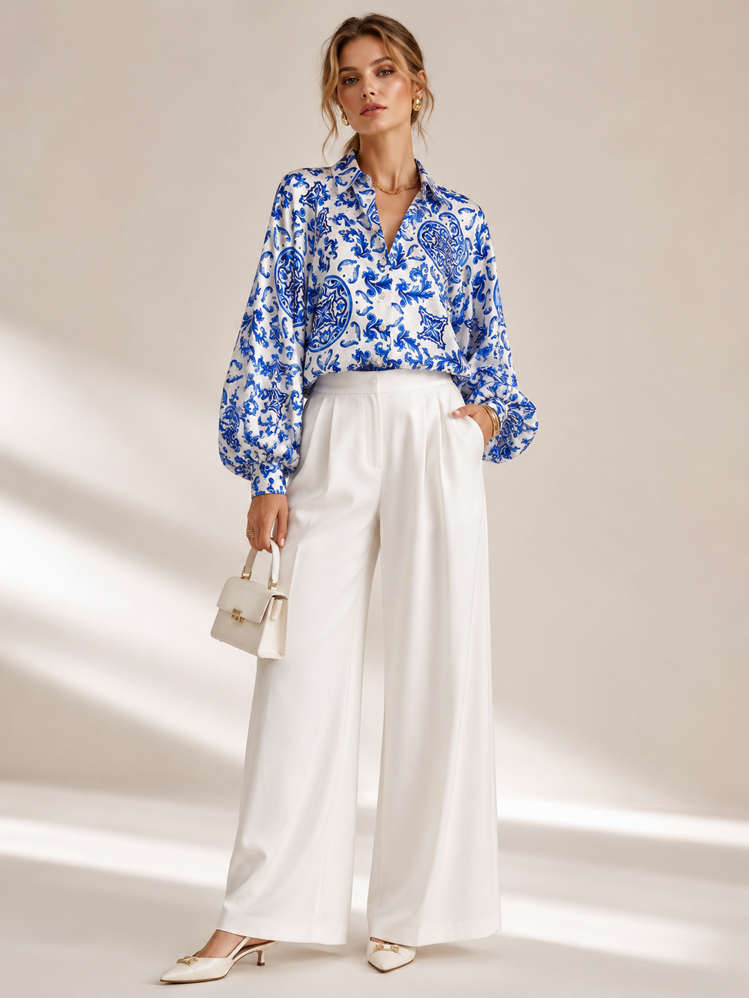 Statement-Bluse „Mediterran“ Blau | Weiß