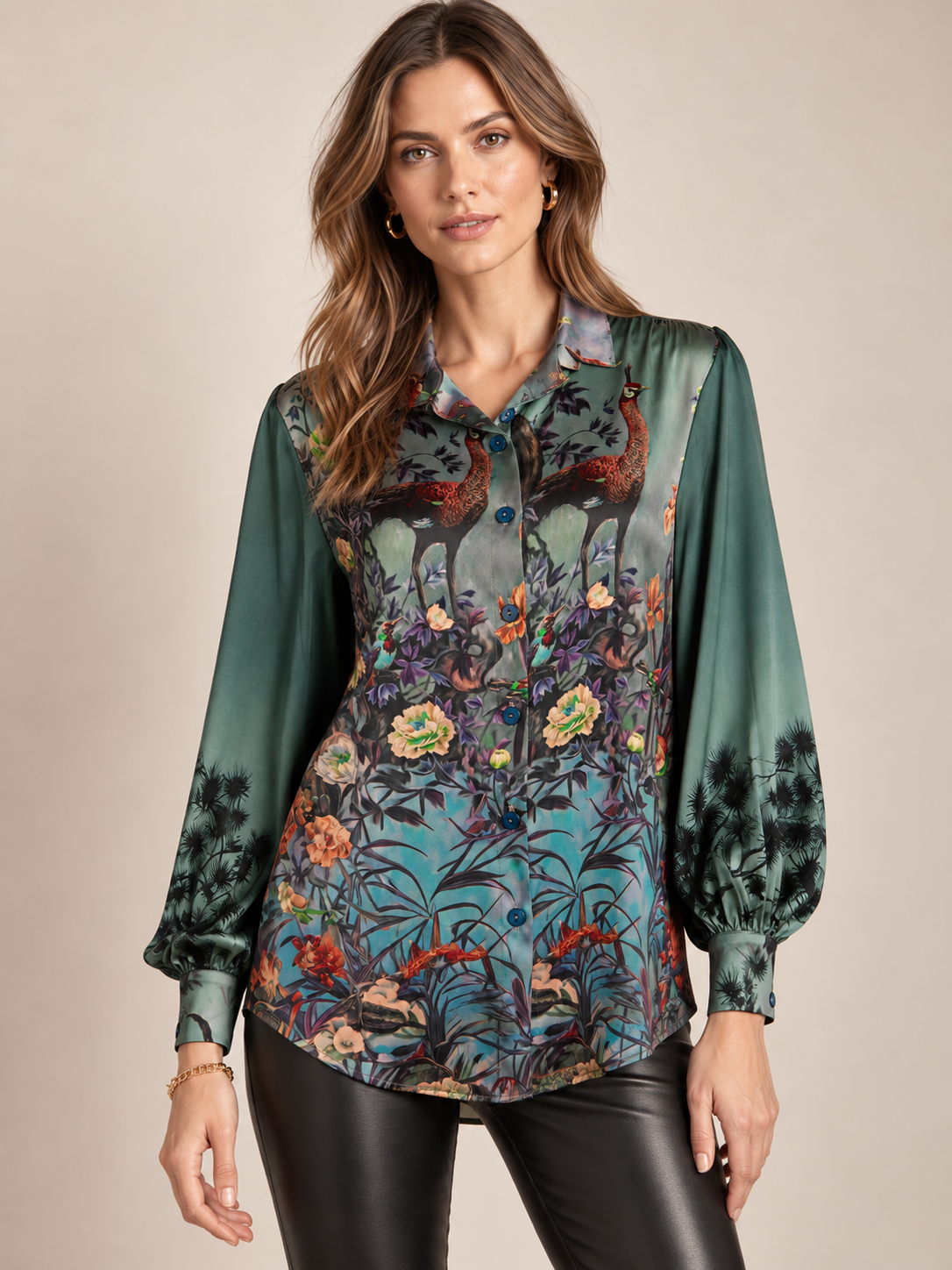 Statement-Bluse „Malerischer Natur-Print“ Grün | Multicolor