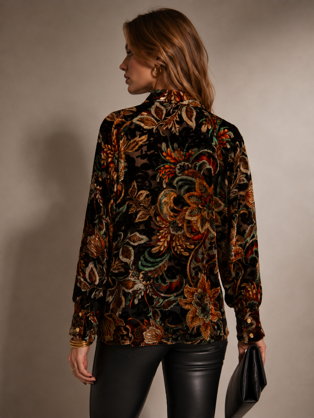 Samtausbrenner-Bluse „Floral“ Schwarz | Multicolor