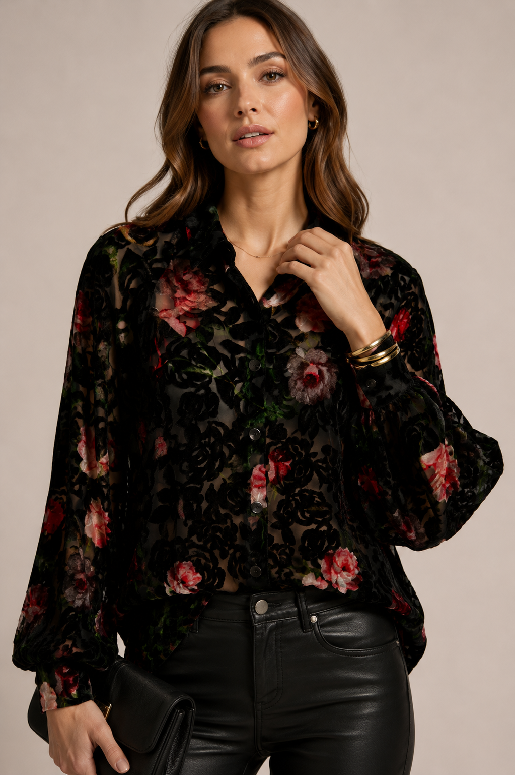 Samtausbrenner-Bluse „Floral“ Schwarz | Rot | Grün