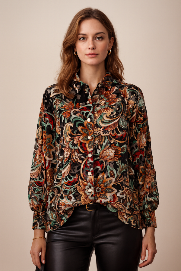 Samt-Ausbrenner Bluse Schwarz | Multicolor