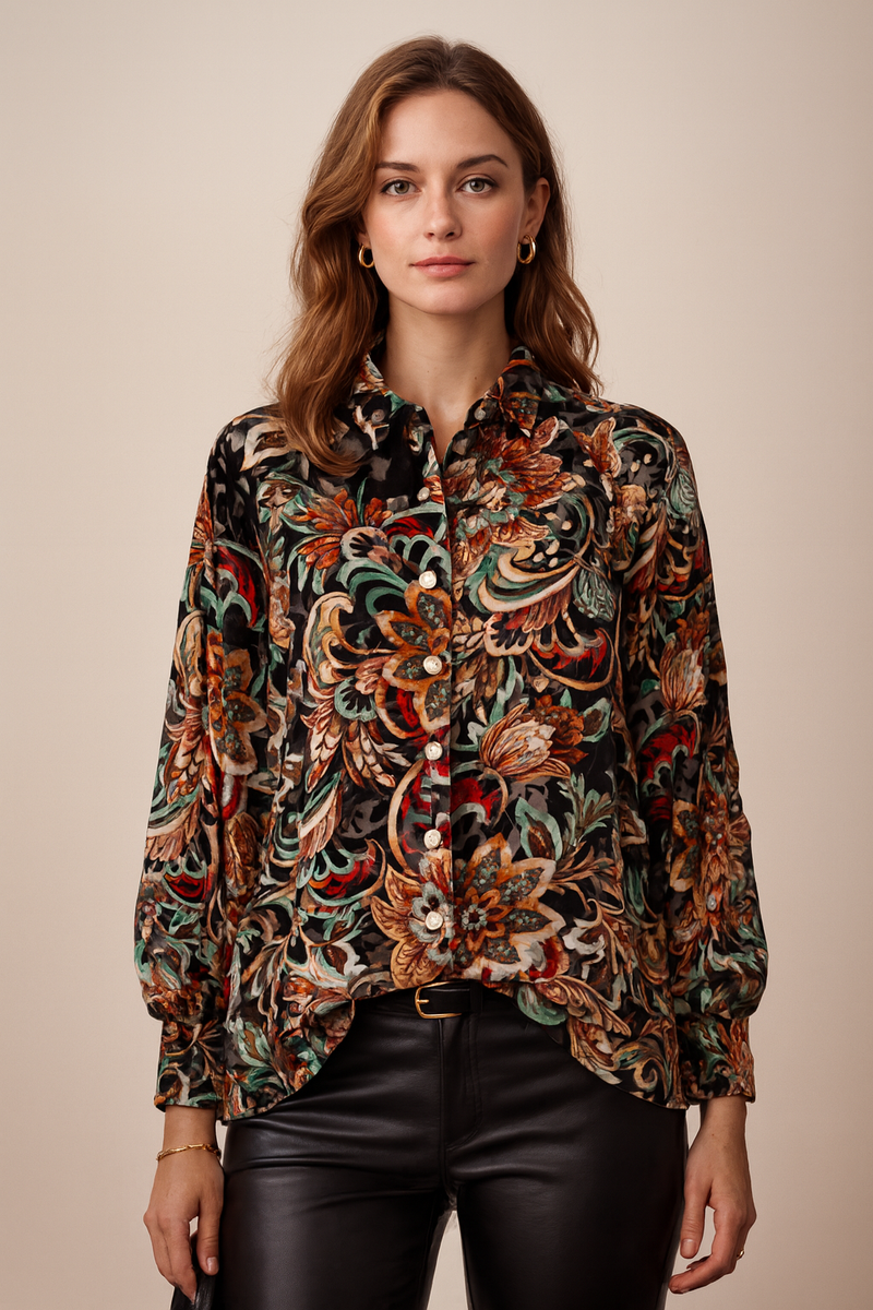 Samt-Ausbrenner Bluse Schwarz | Multicolor