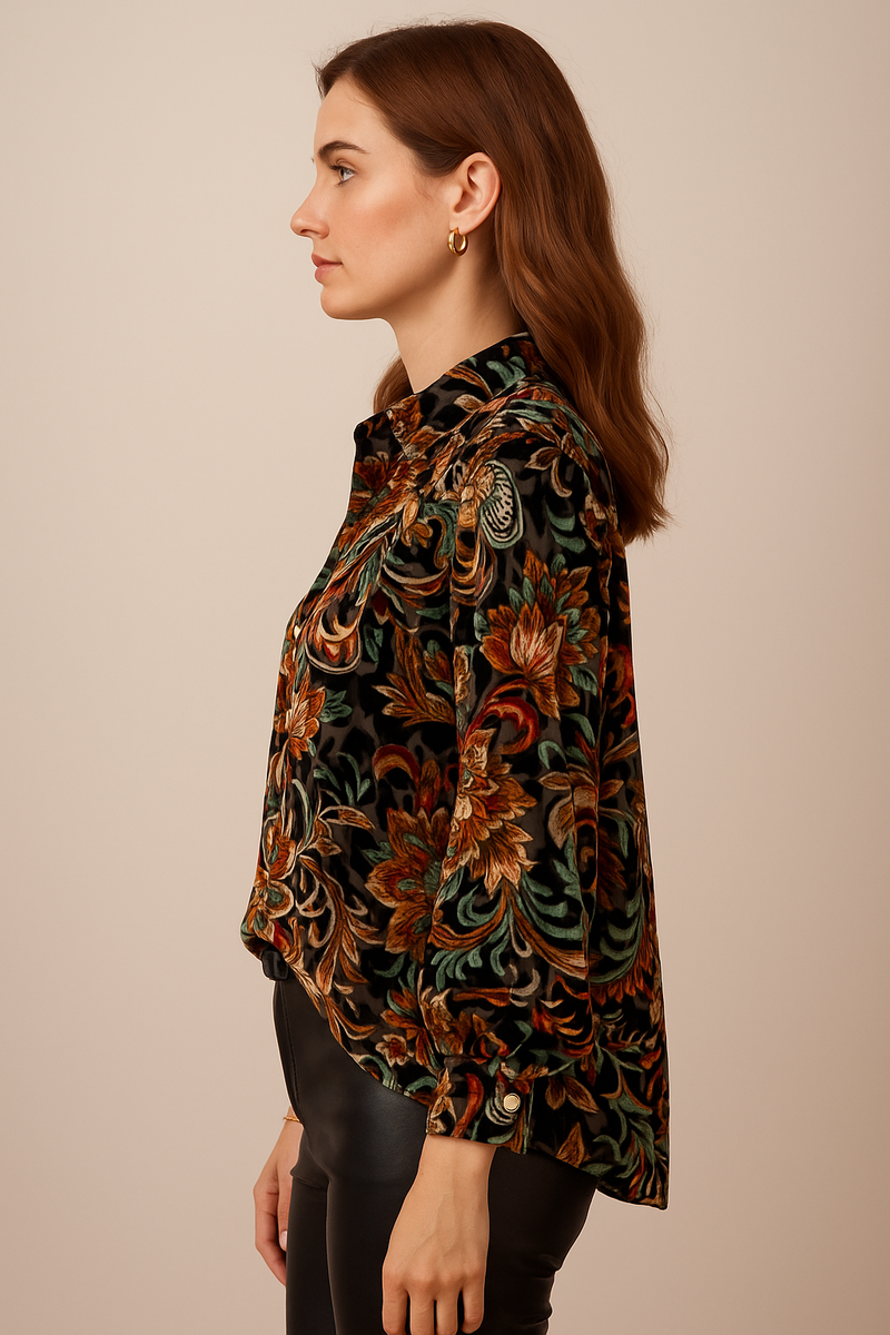 Samt-Ausbrenner Bluse Schwarz | Multicolor