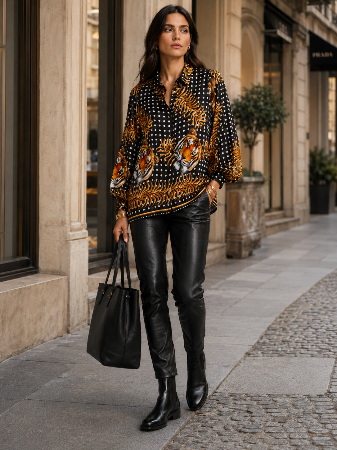Statement-Bluse „Polka-Dots | Tiger-Motiven“ Schwarz | Multicolor