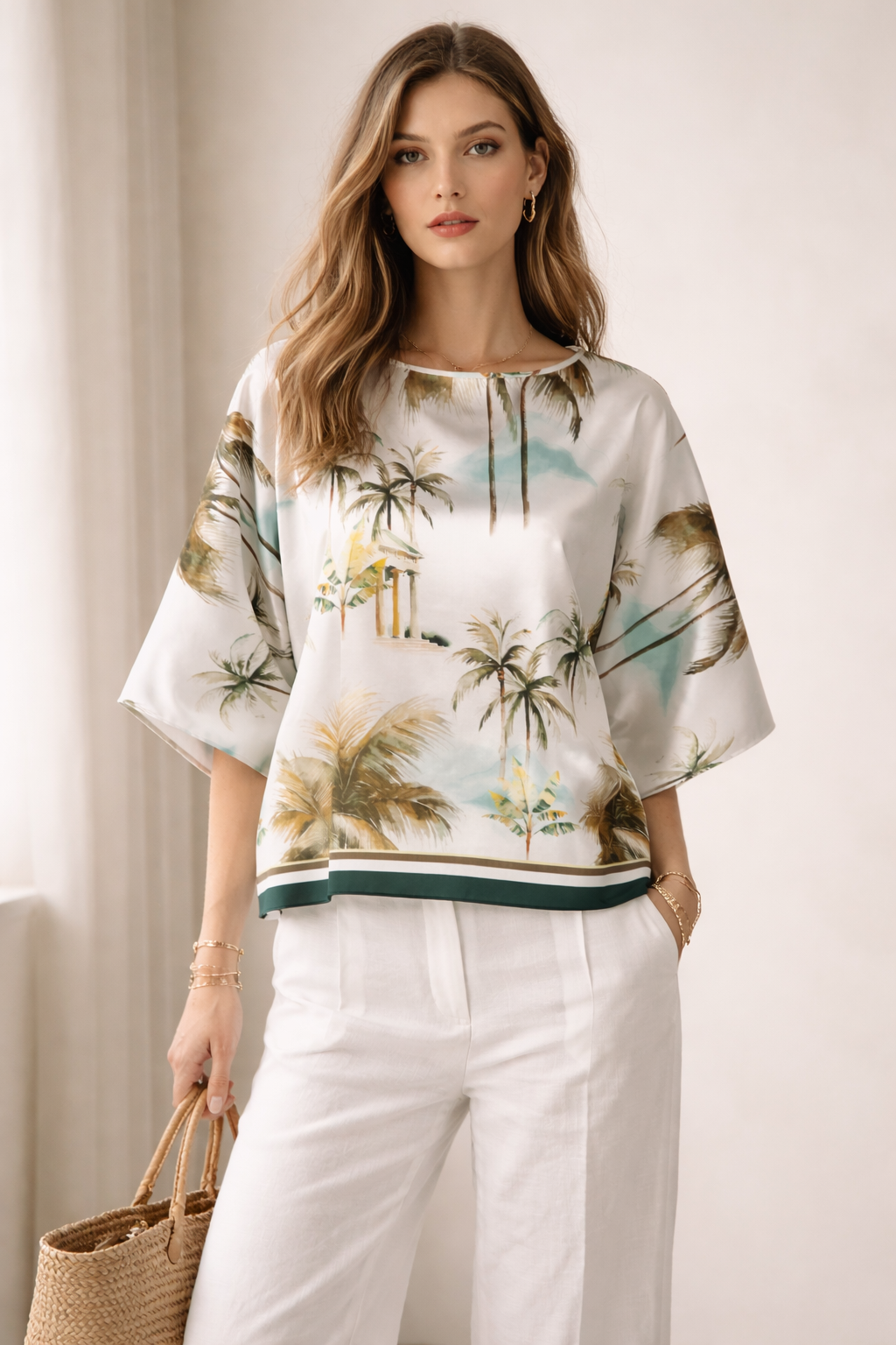 Seiden-Blusenshirt „Palmen“ Grün | Multicolor