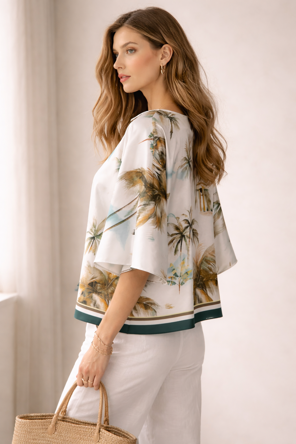 Seiden-Blusenshirt „Palmen“ Grün | Multicolor