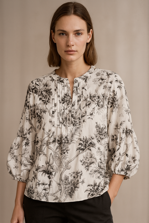 Bluse „Blätter“ Schwarz | Weiß