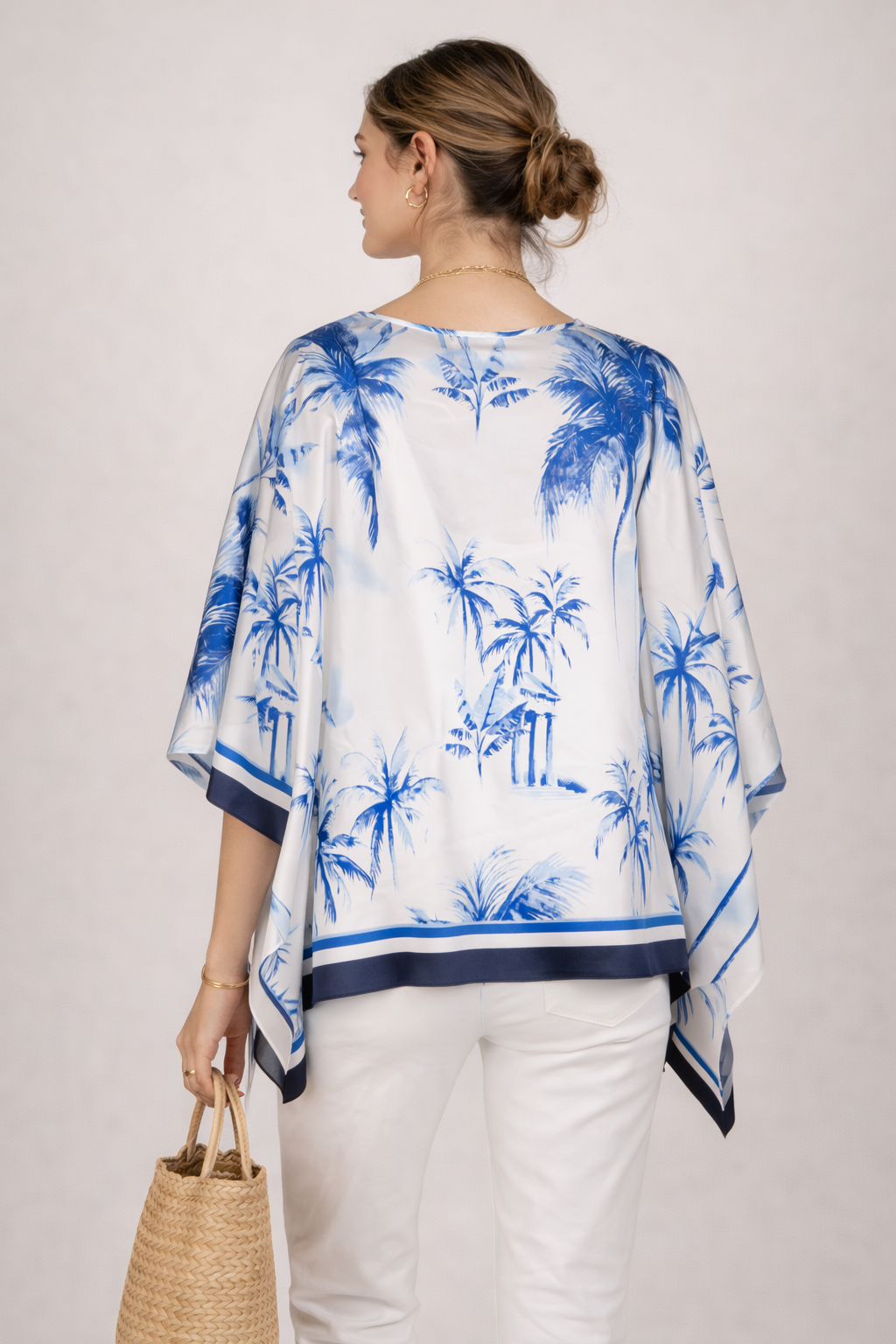 Seiden-Blusenshirt „Palmen“ Weiß | Blau