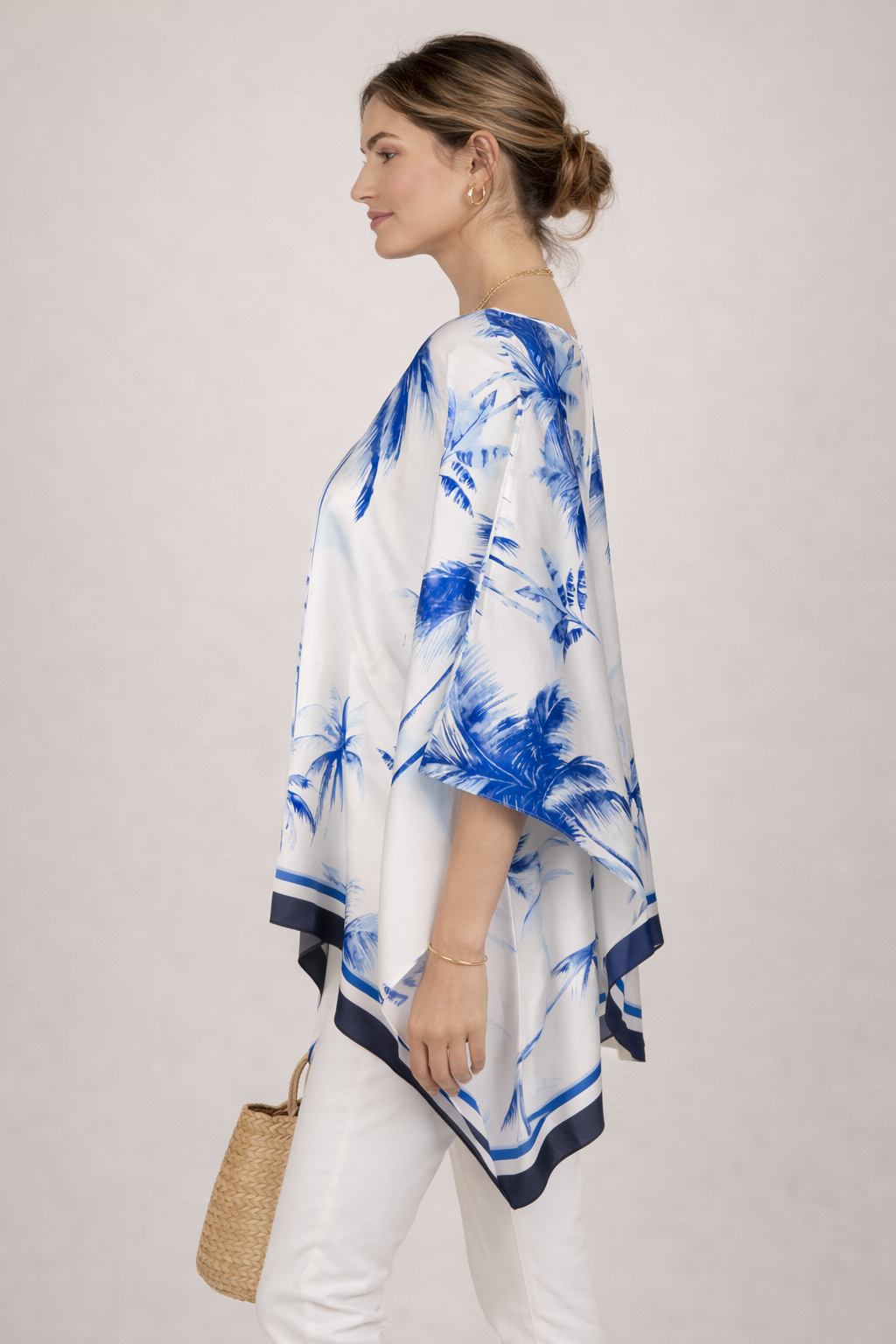 Seiden-Blusenshirt „Palmen“ Weiß | Blau