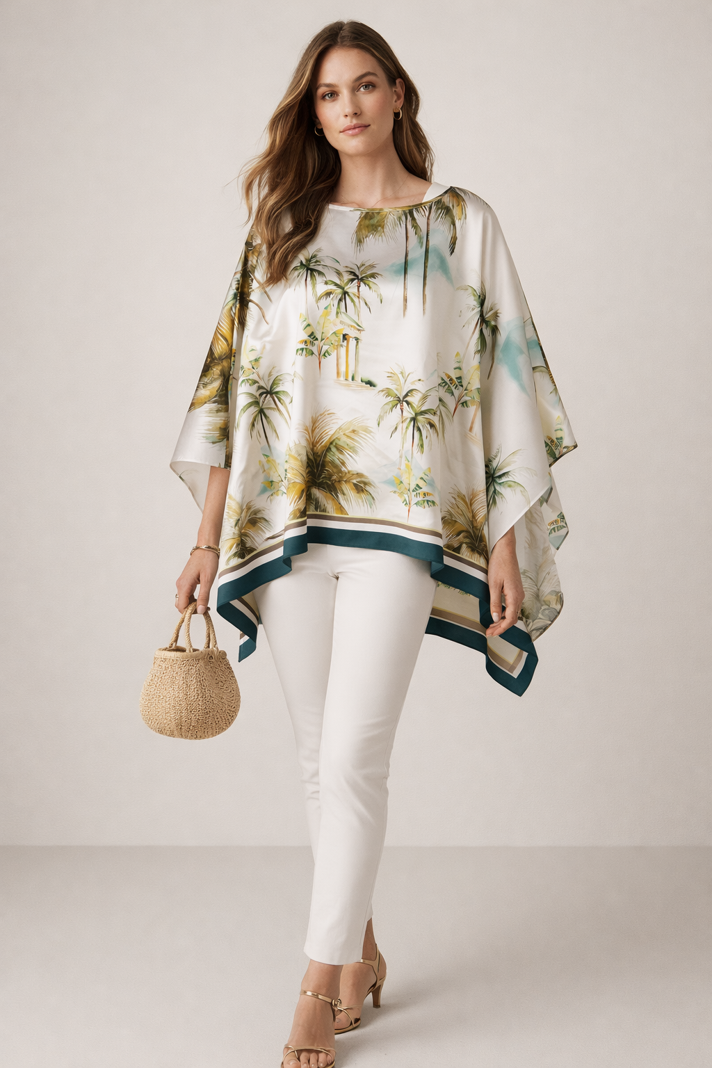 Seiden-Blusenshirt „Palmen“ Grün | Multicolor