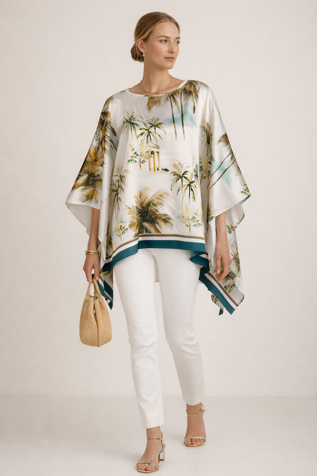 Seiden-Blusenshirt „Palmen“ Grün | Multicolor