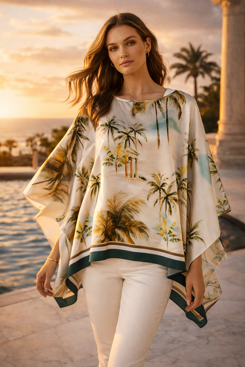 Seiden-Blusenshirt „Palmen“ Grün | Multicolor