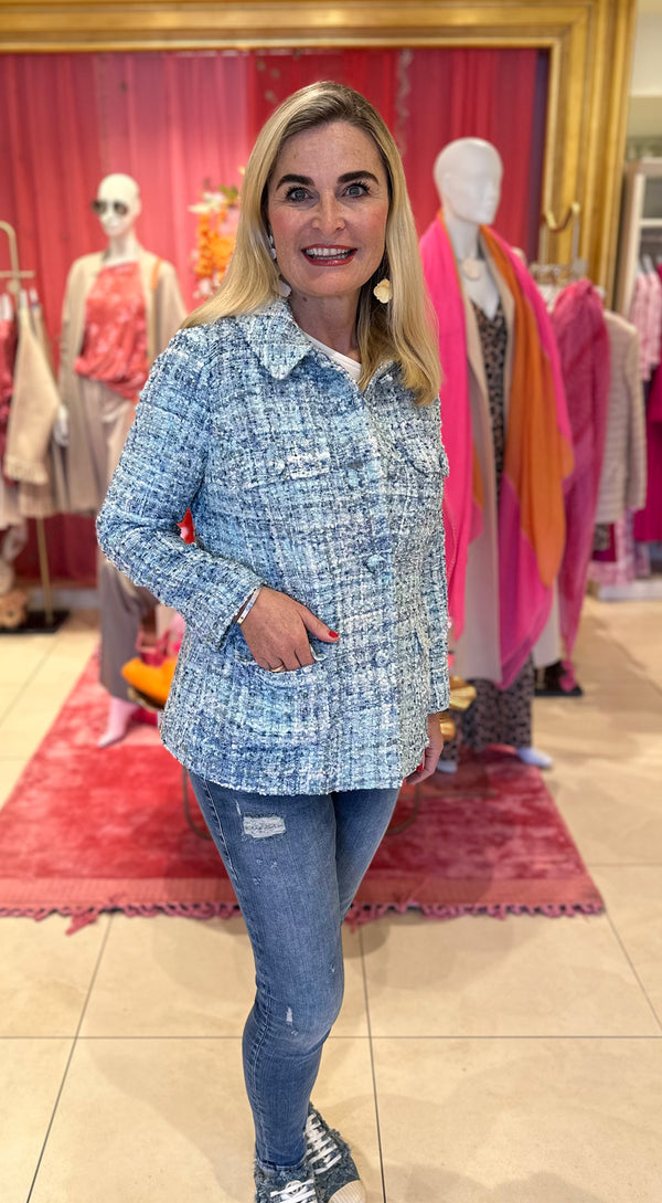 Bouclé Jacke Blau | Weiß