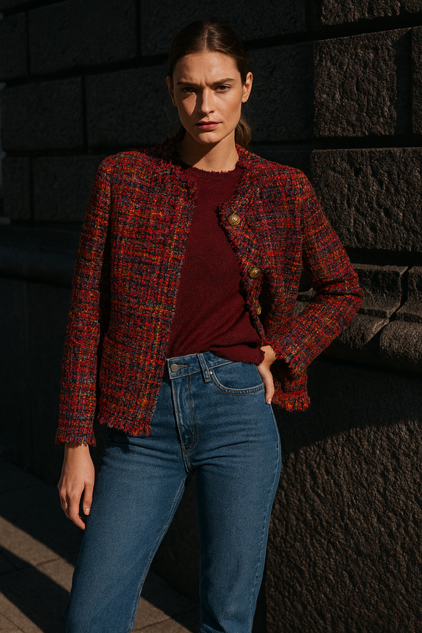Bouclé Jacke Rot | Blau | Multicolor