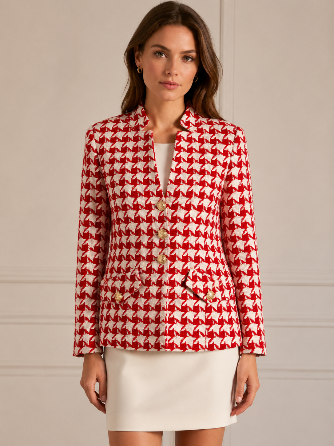 Statement-Jacke „Hahnentrittmuster“ Weiß | Rot