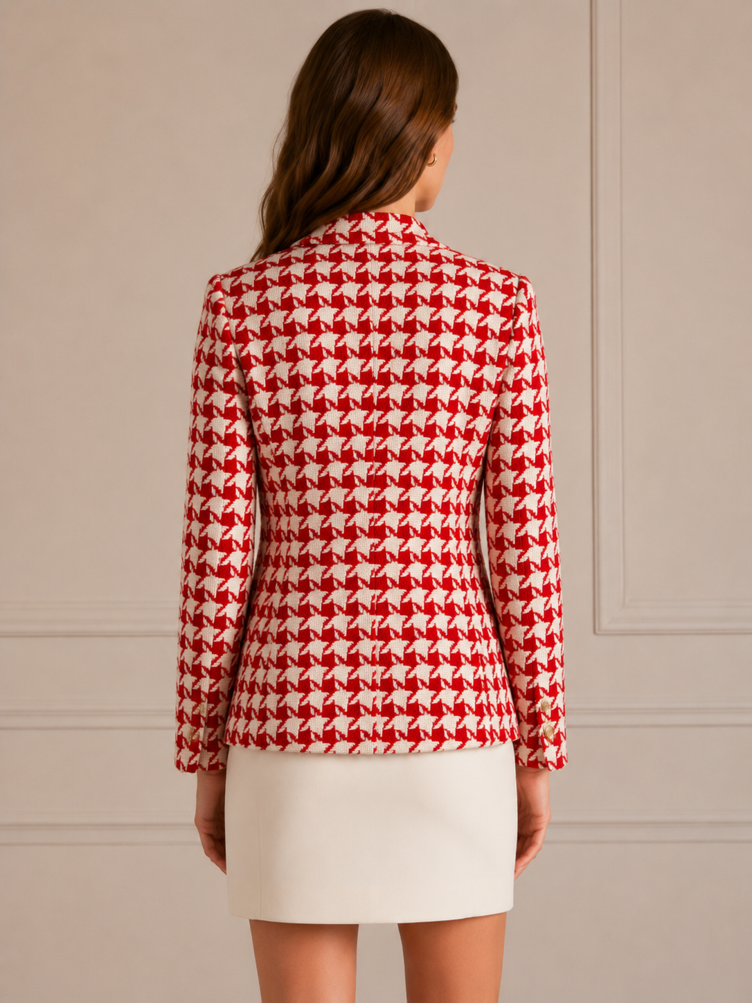 Statement-Jacke „Hahnentrittmuster“ Weiß | Rot