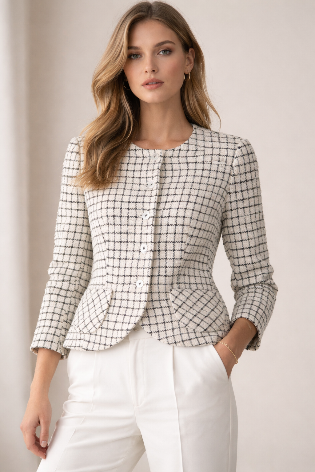 Bouclé-Jacke „Karomuster“ Creme | Schwarz