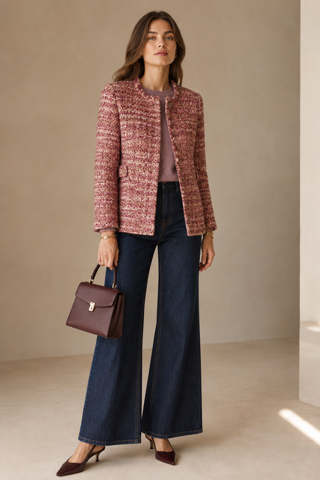 fleur Pariser Chic Bouclé-Jacke Mauve Rosa Multicolor - Editorial-Ansicht