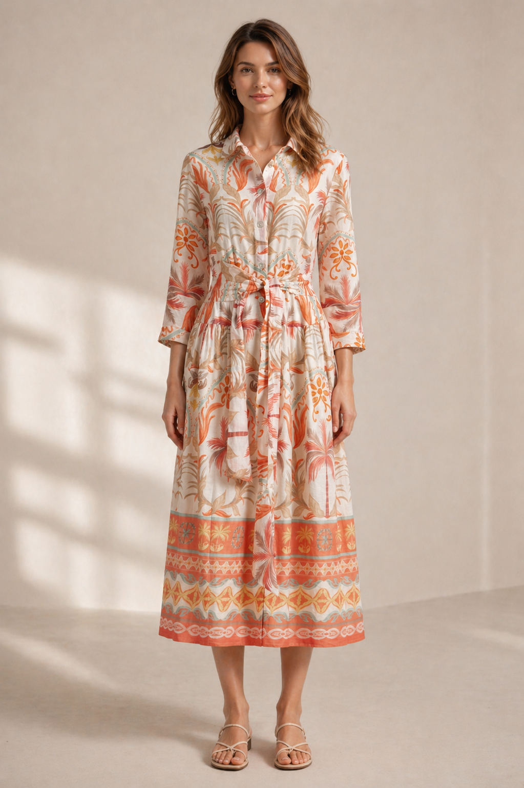 Leinen-Blusenkleid „Tropical“ Weiß | Koralle | Multicolor