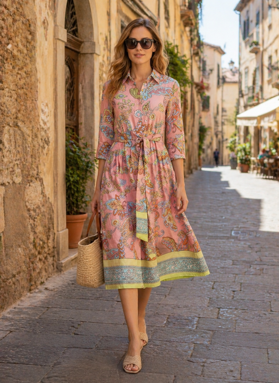 Paisley-Leinenkleid Rosa | Multicolor